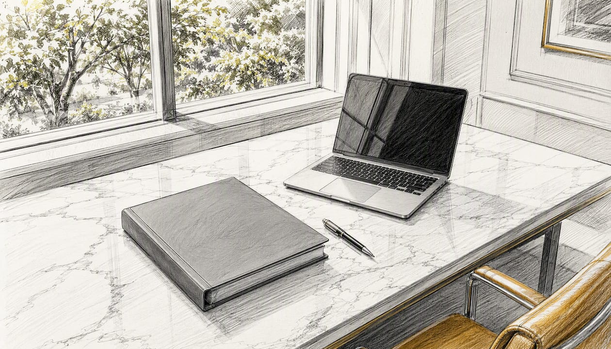 Law office desk with binder and pen