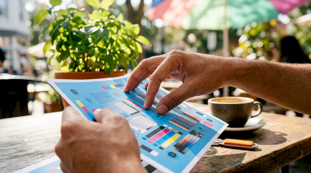 Mãos a analisar uma impressão de teste para verificar a calibração