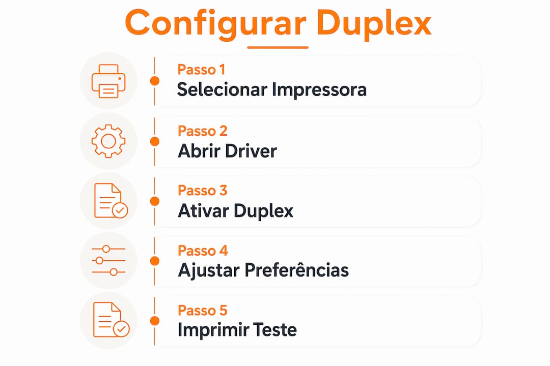 Guia visual com os passos essenciais para ativar a impressão frente e verso