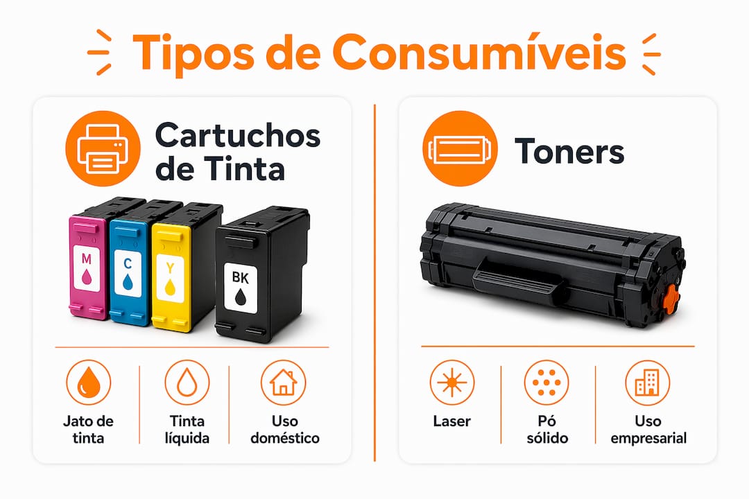 Infografia que destaca as principais diferenças entre cartuchos de tinta e toners