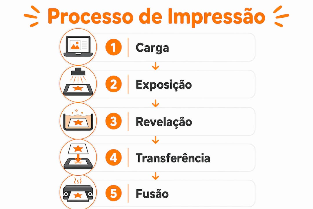 Infográfico que explica, passo a passo, como funciona uma impressora laser em cinco etapas.