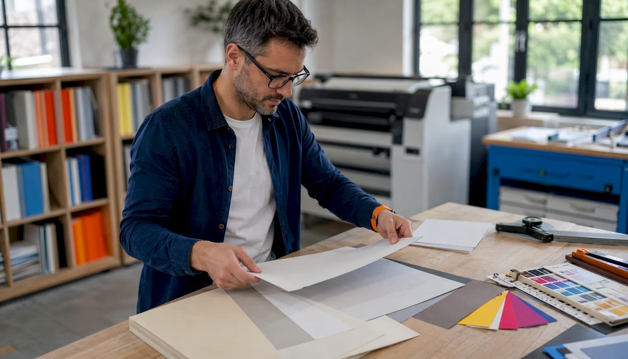 Profissional a verificar a qualidade do papel cartolina antes de o colocar na impressora laser.