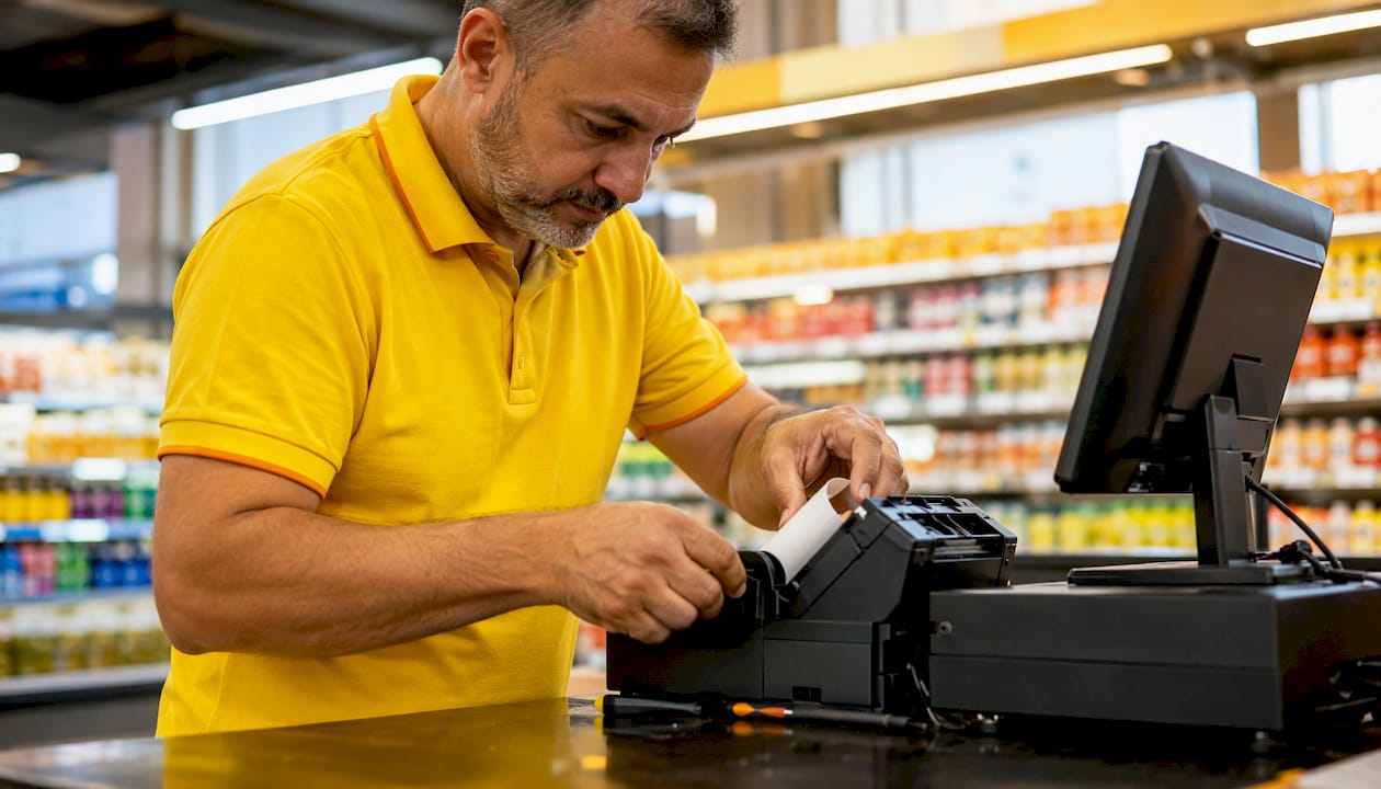 Técnico a substituir o rolo de papel térmico na impressora do terminal de pagamento