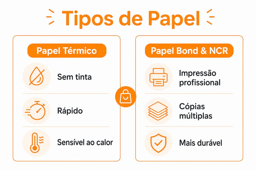 Infográfico sobre as principais opções de papel para emissão de faturas em Portugal: comparação das características, vantagens e aplicações de cada tipo.
