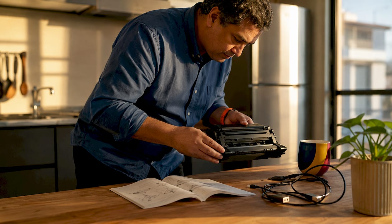 Pessoa a consultar o manual para perceber como trocar o toner