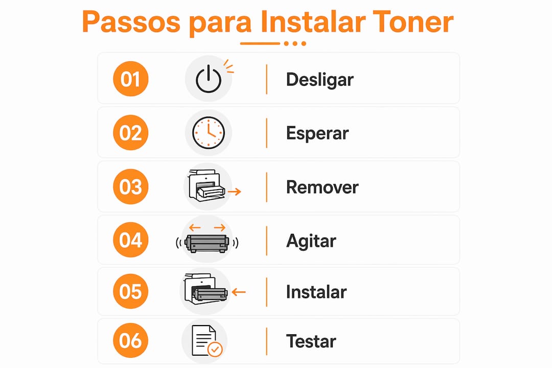 Guia visual com os passos para colocar o toner