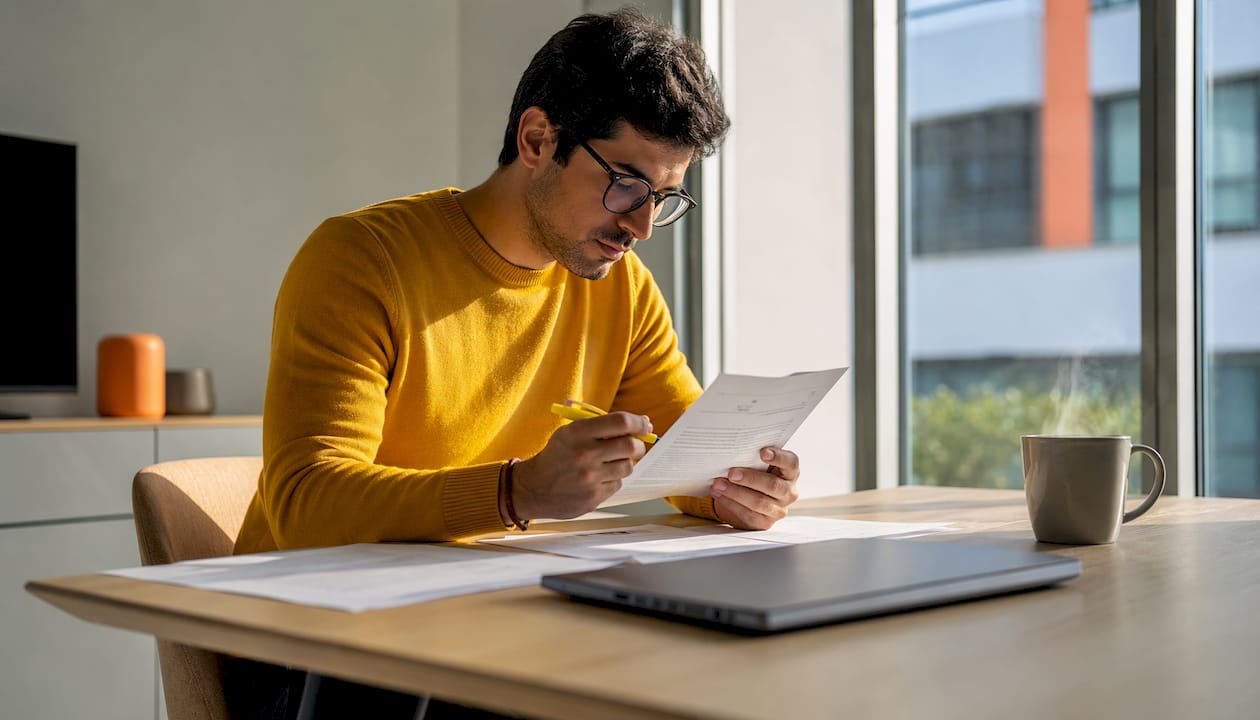 Homem a analisar um documento em papel ao lado do portátil
