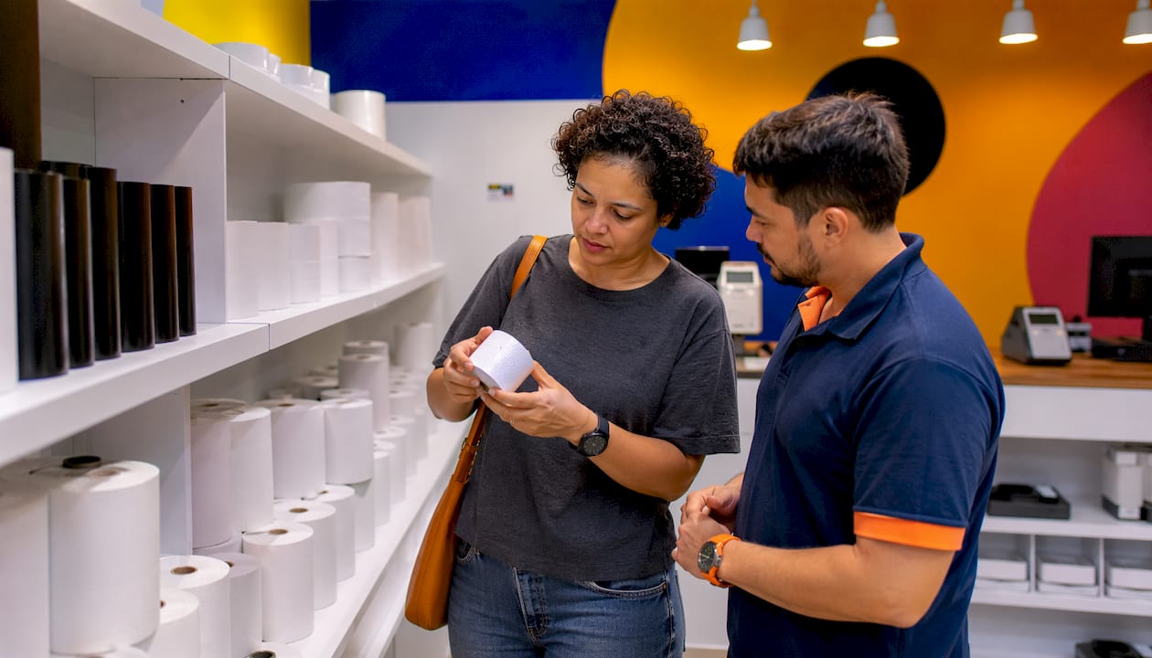 O cliente e o vendedor estão juntos a conferir os rolos térmicos.