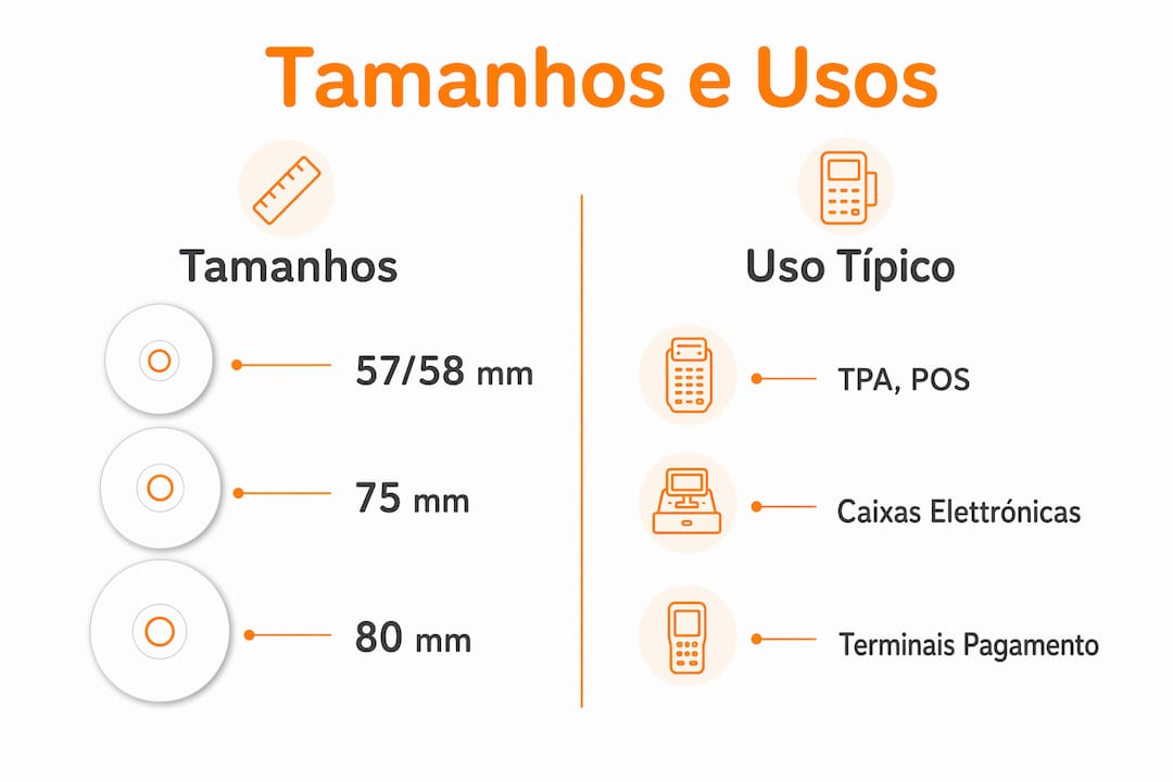 Infografia que mostra as diferentes dimensões e aplicações do papel térmico