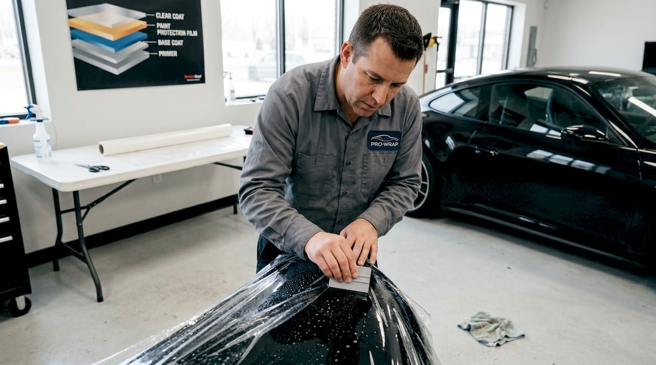 Installer applying film on curved car fender
