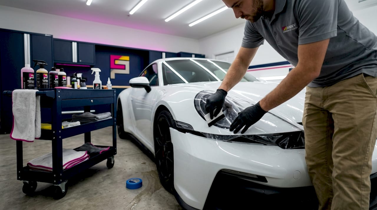 Detailer applies paint protection to luxury car