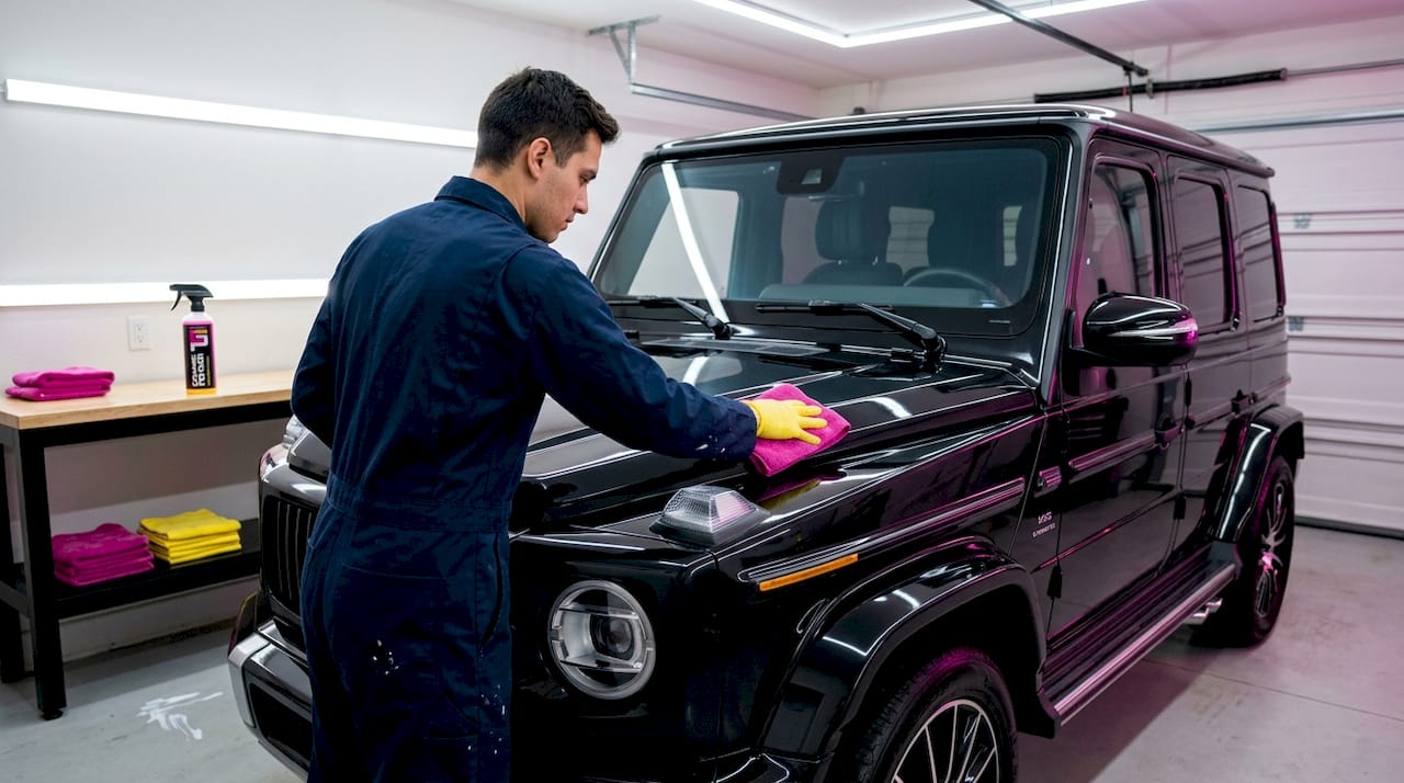 Technician applying ceramic coating to luxury SUV