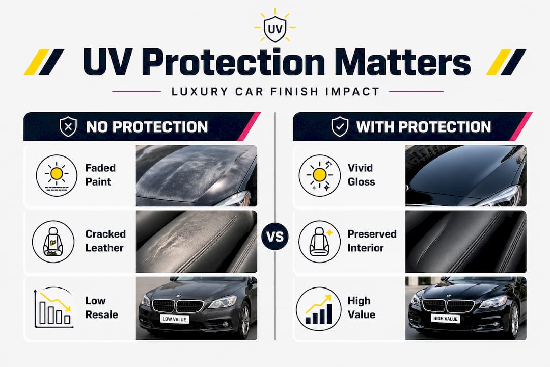 Infographic contrasting UV protection vs no protection for cars