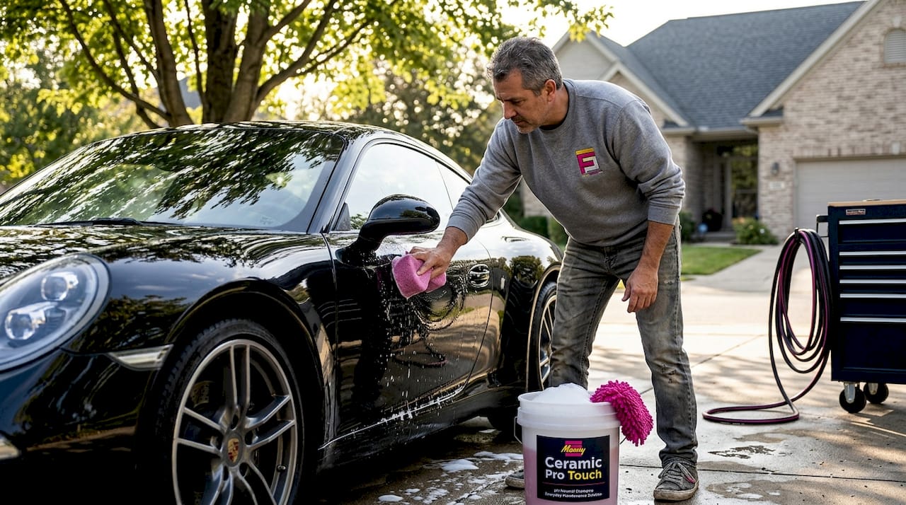 Owner carefully washes ceramic-coated car