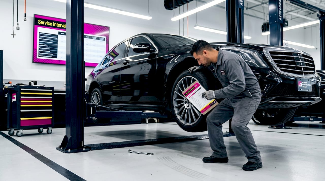 Mechanic inspects Mercedes sedan in service bay