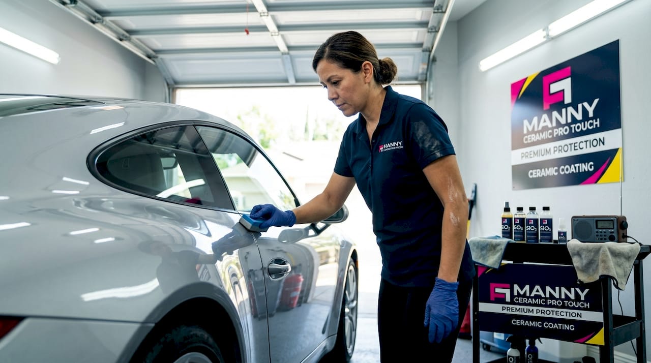 Technician applying ceramic coating to car