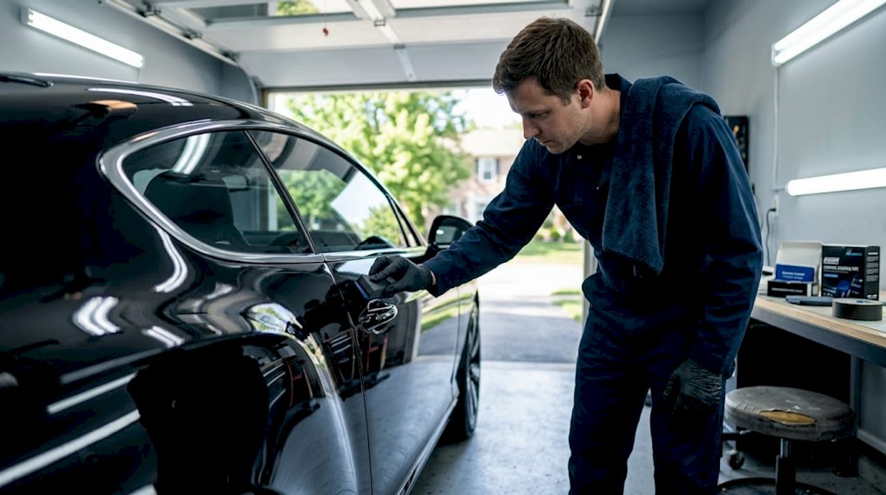Detailer applying ceramic coating to luxury car