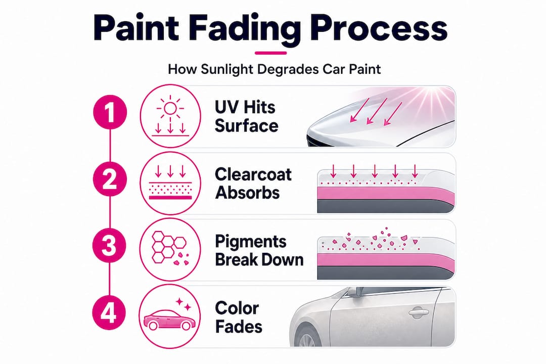 Vertical infographic showing stages of car paint fading