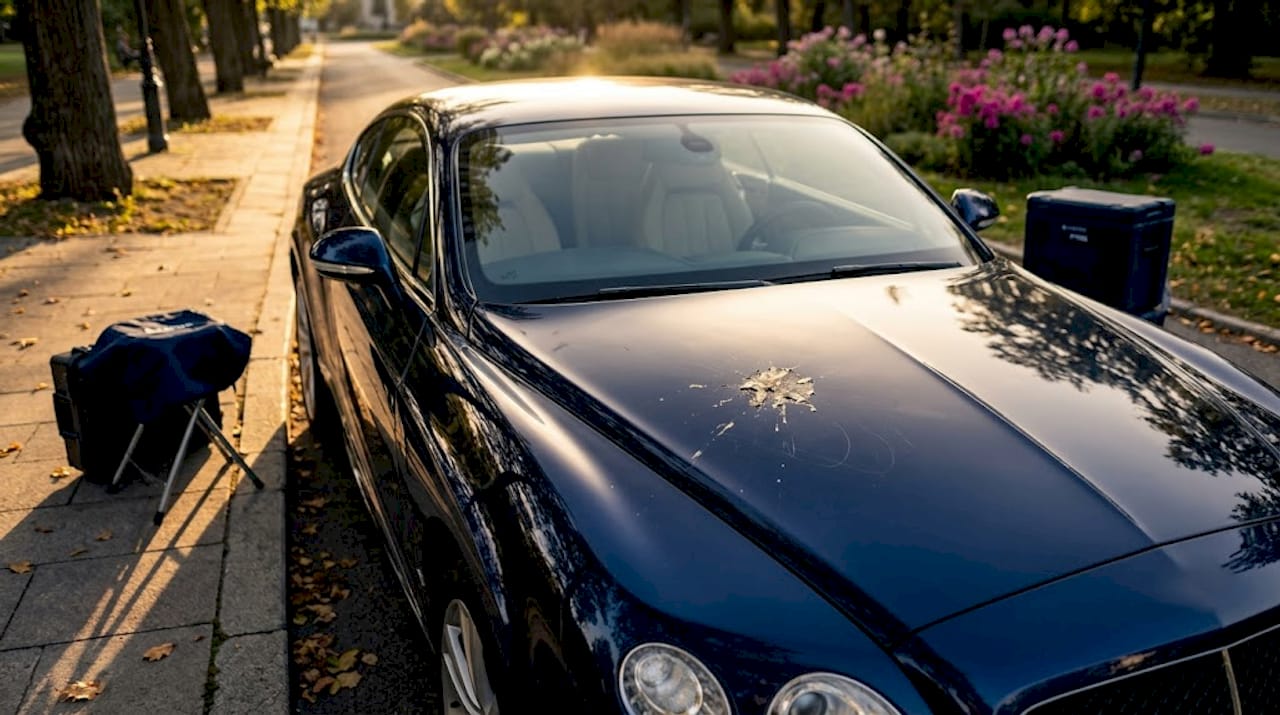 Luxury car hood damaged by bird droppings