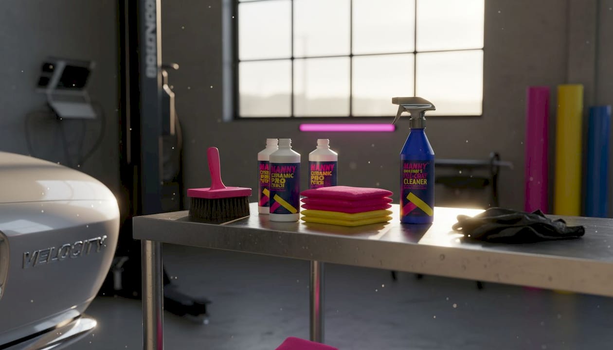 Professional car detailing tools and products overhead