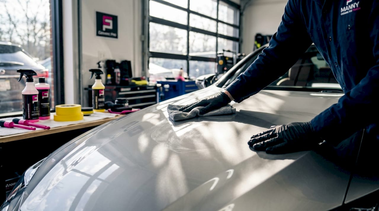 Gloved hands removing scratches from luxury car hood