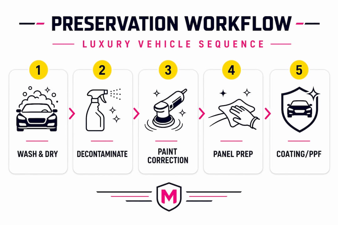 Vertical flow infographic of luxury car preservation steps