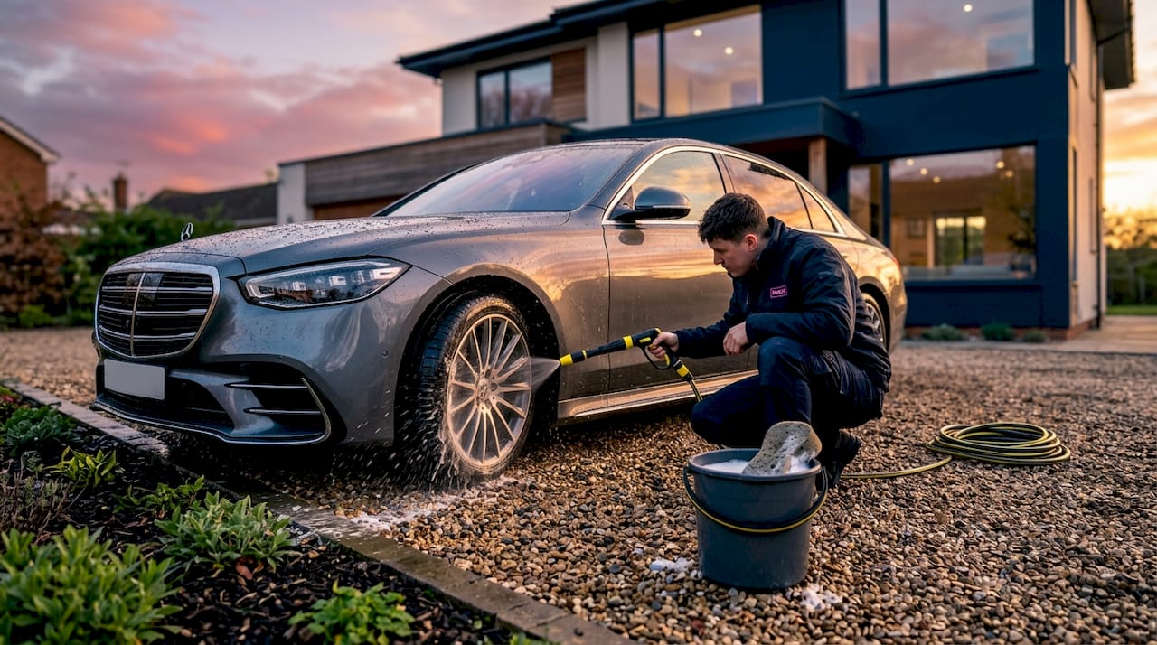 Person cleaning undercarriage of luxury car