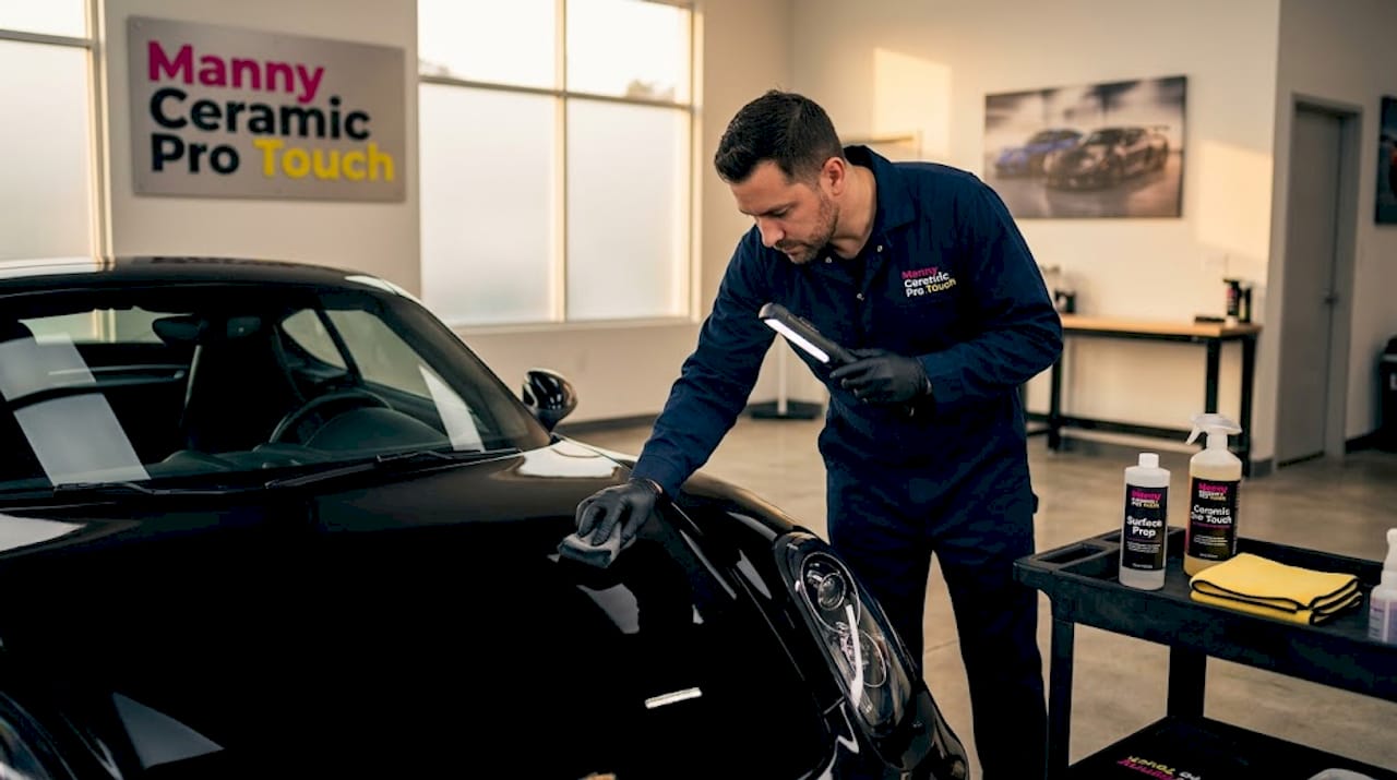 Technician applying ceramic coating in studio