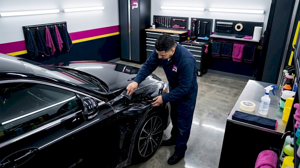 Detailer installing film on car fender