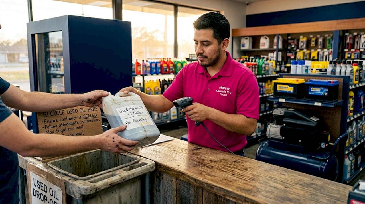 Customer returning used oil at auto shop counter