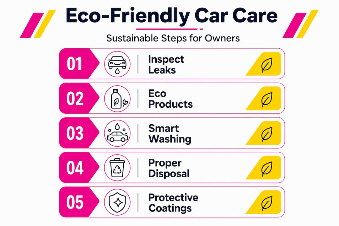 Infographic showing five steps for eco-friendly car care