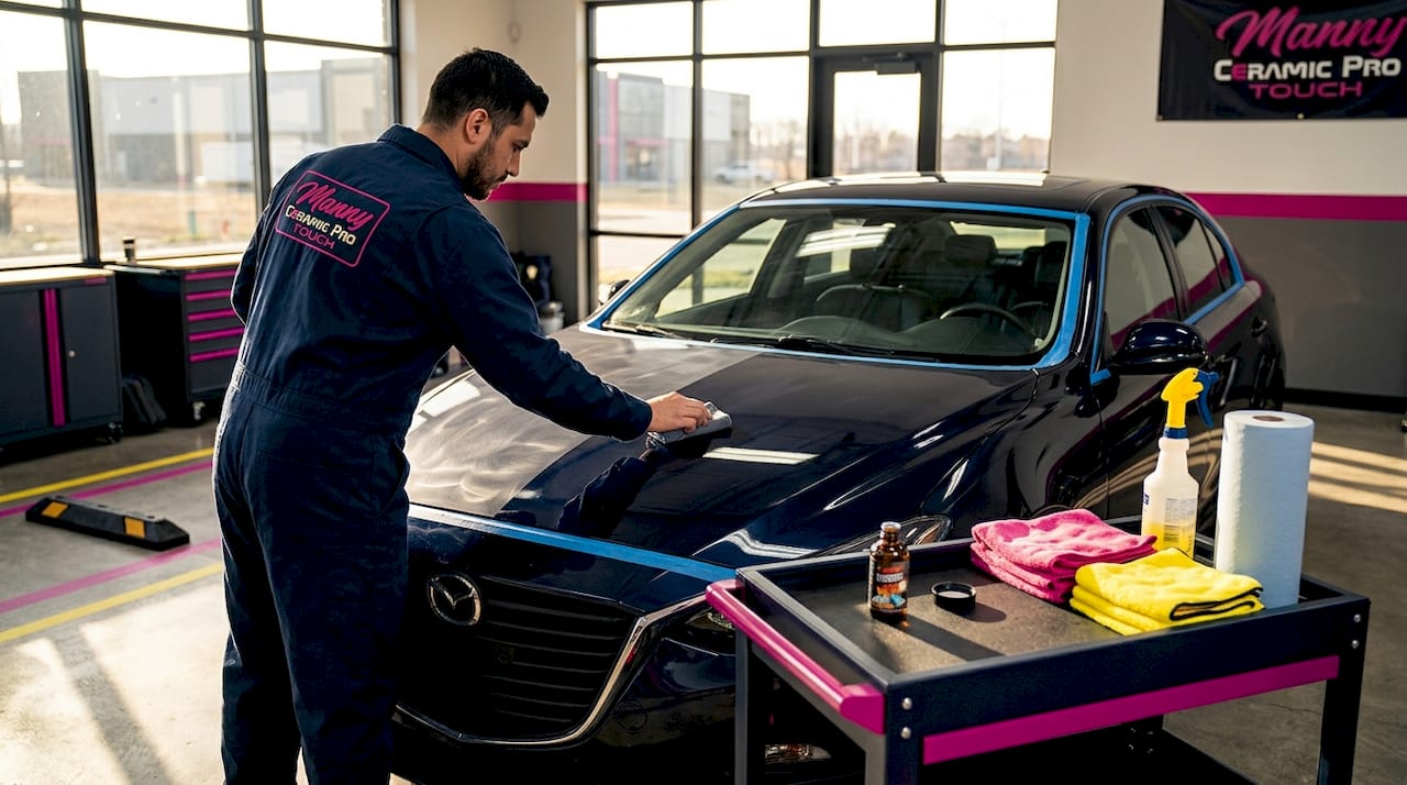 Detailer applying ceramic coating to car hood