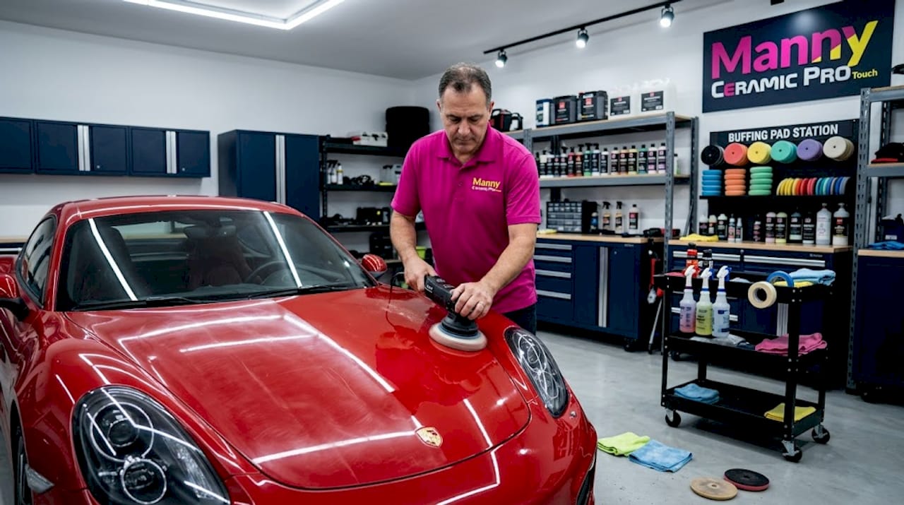 Paint correction on car hood in garage
