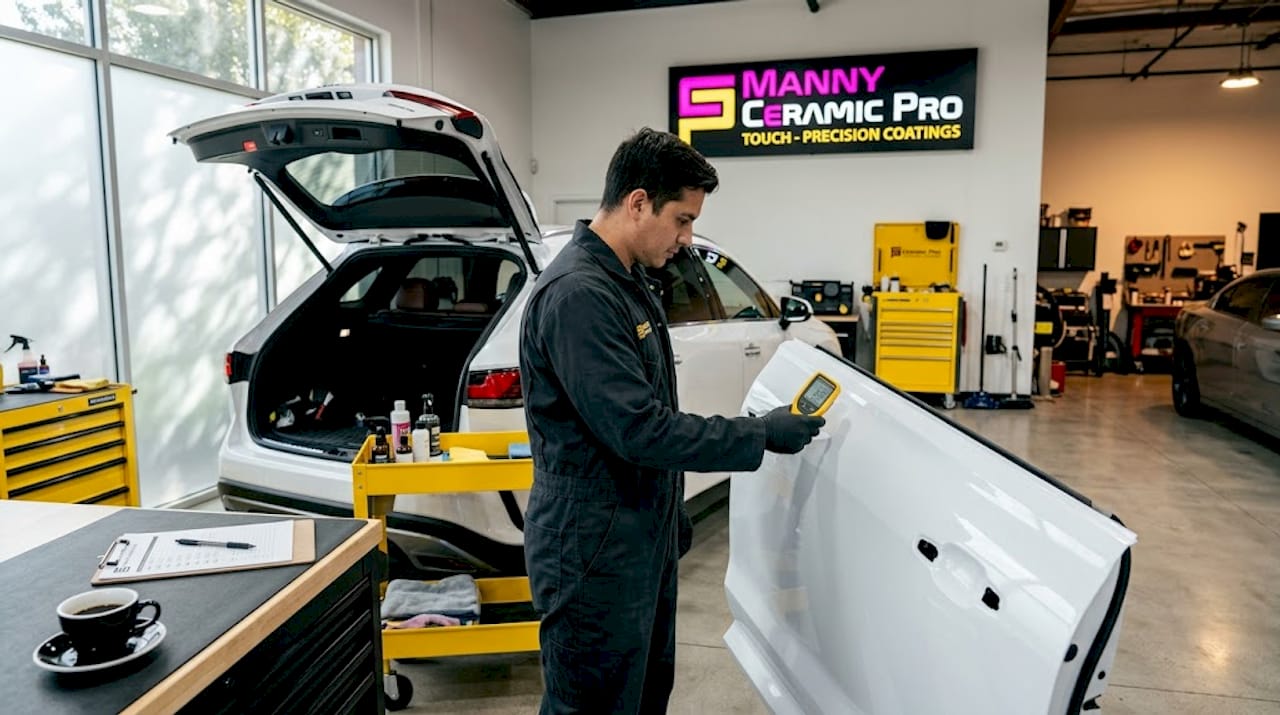 Technician checks new car paint thickness