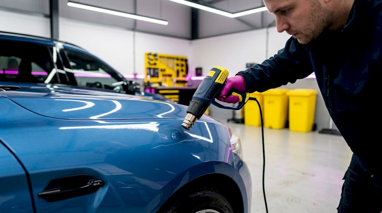 Technician using heat gun on scratched car fender