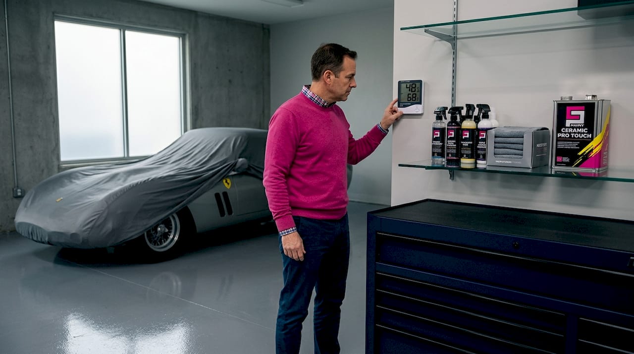 Owner checking luxury car storage humidity