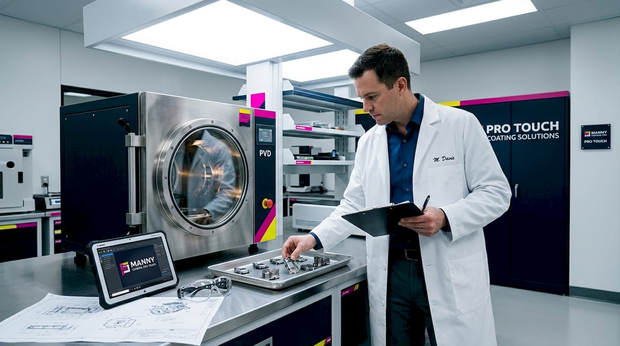 Engineer checks auto parts in coating lab