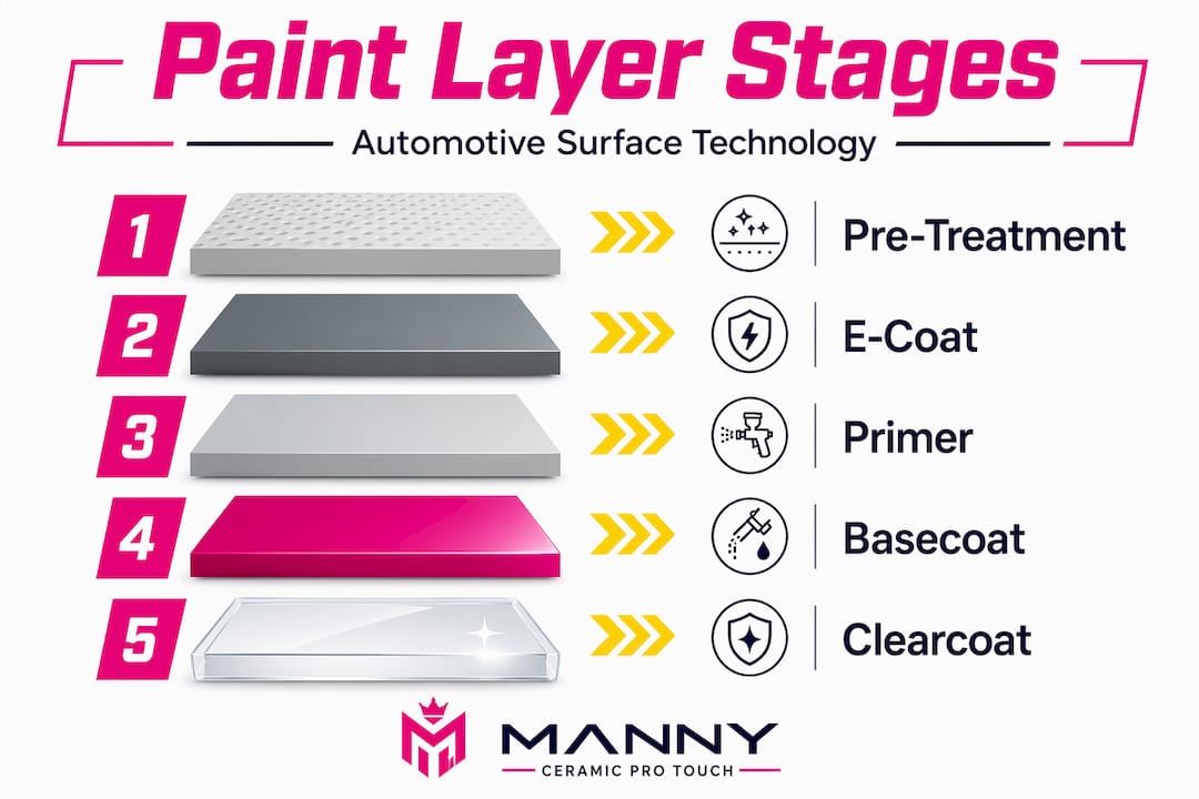 Infographic showing automotive paint layering steps