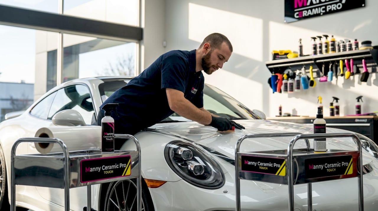 Applying clear film to sports car hood