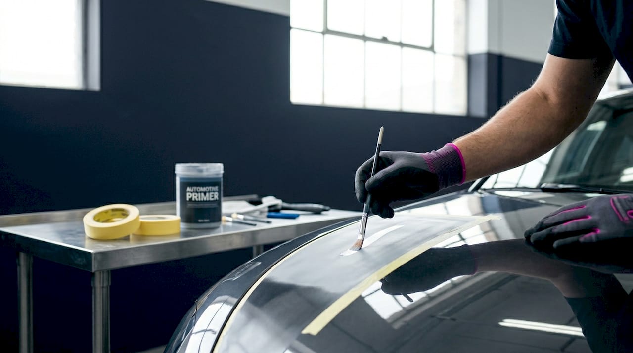 Close-up of primer application on car panel