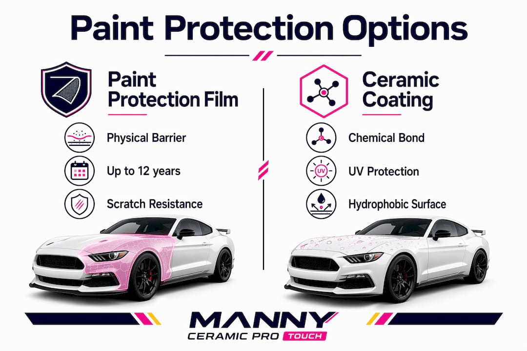 Infographic comparing paint protection film and ceramic coating