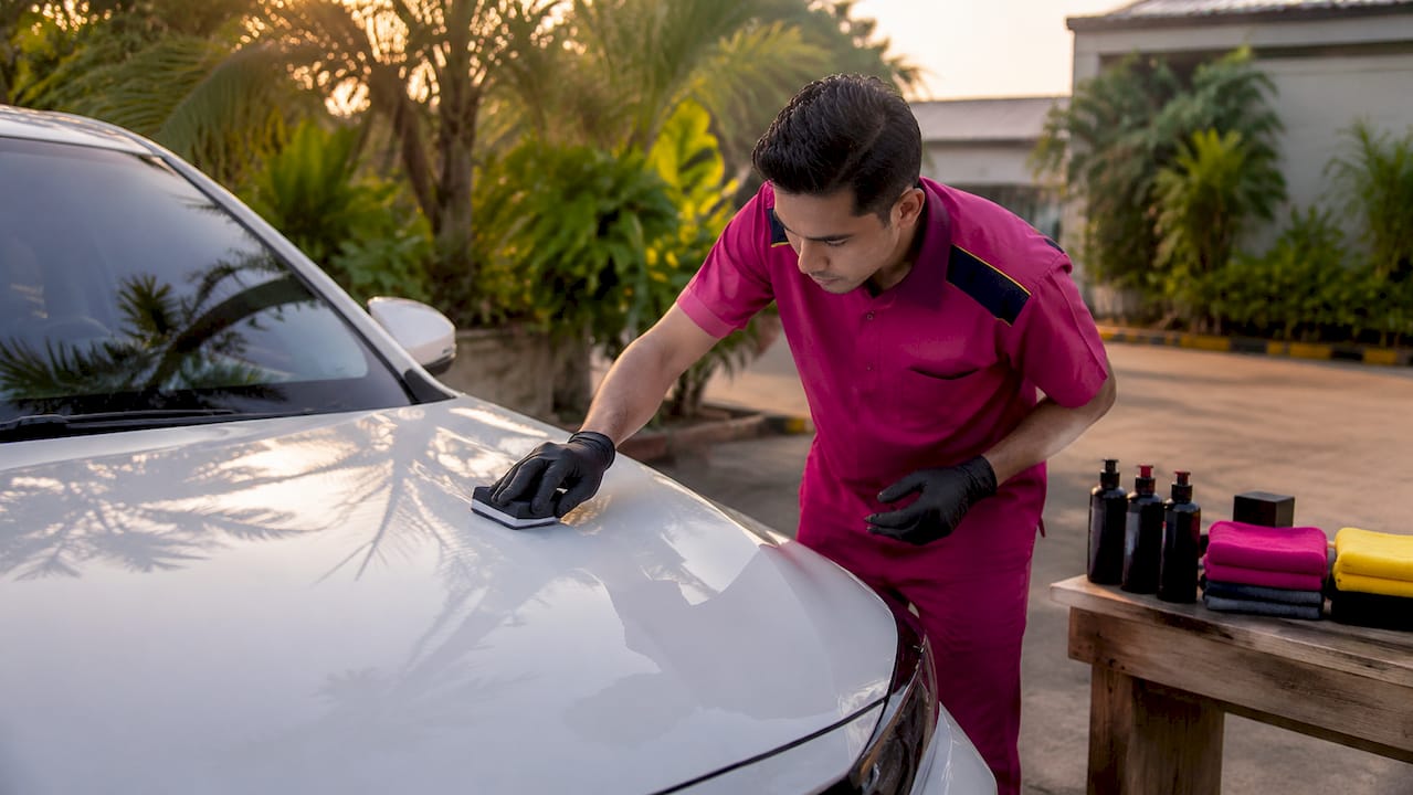 Hands applying ceramic coating to car hood
