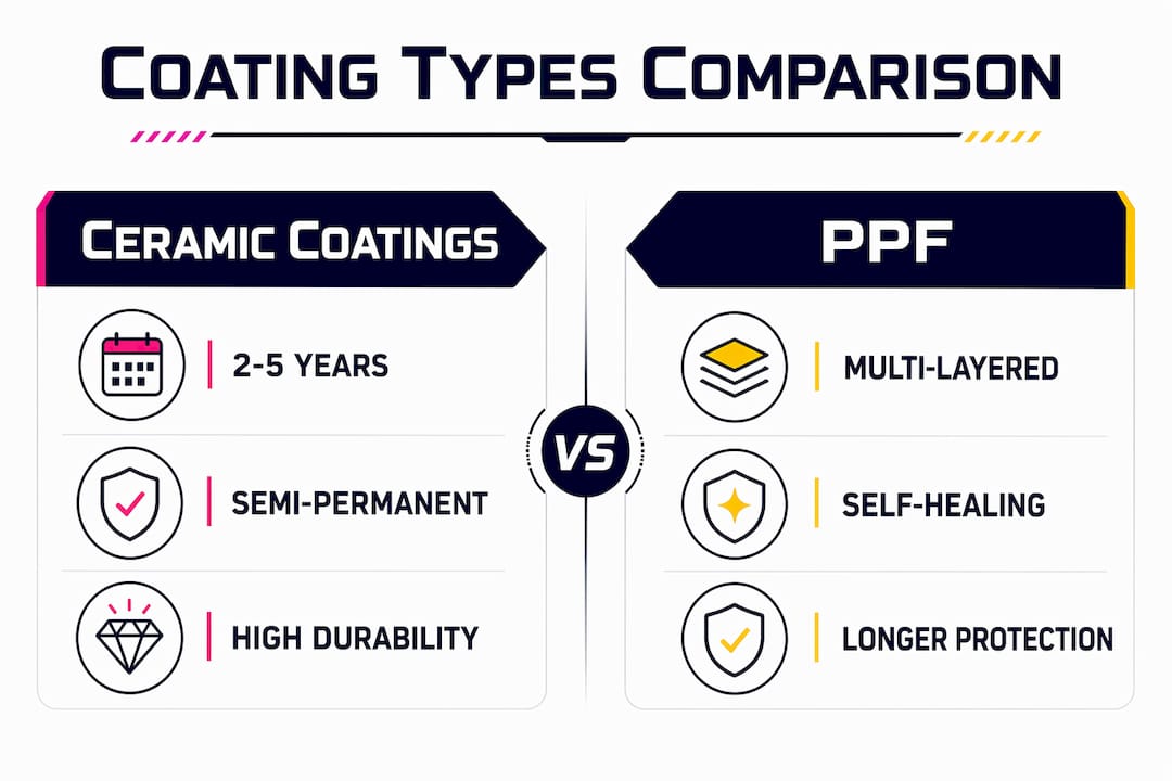 Infographic comparing ceramic coatings and paint protection film
