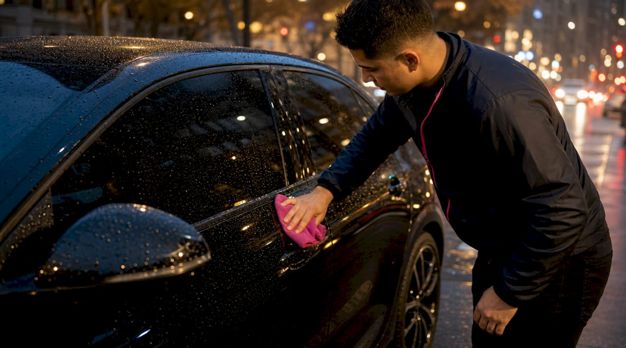 Water beading on car paint surface with wiping hand