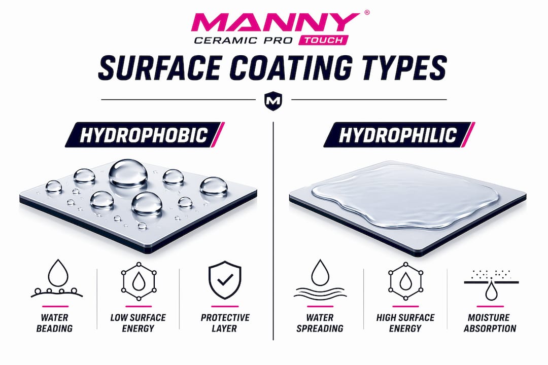 Infographic comparing hydrophobic and hydrophilic coatings