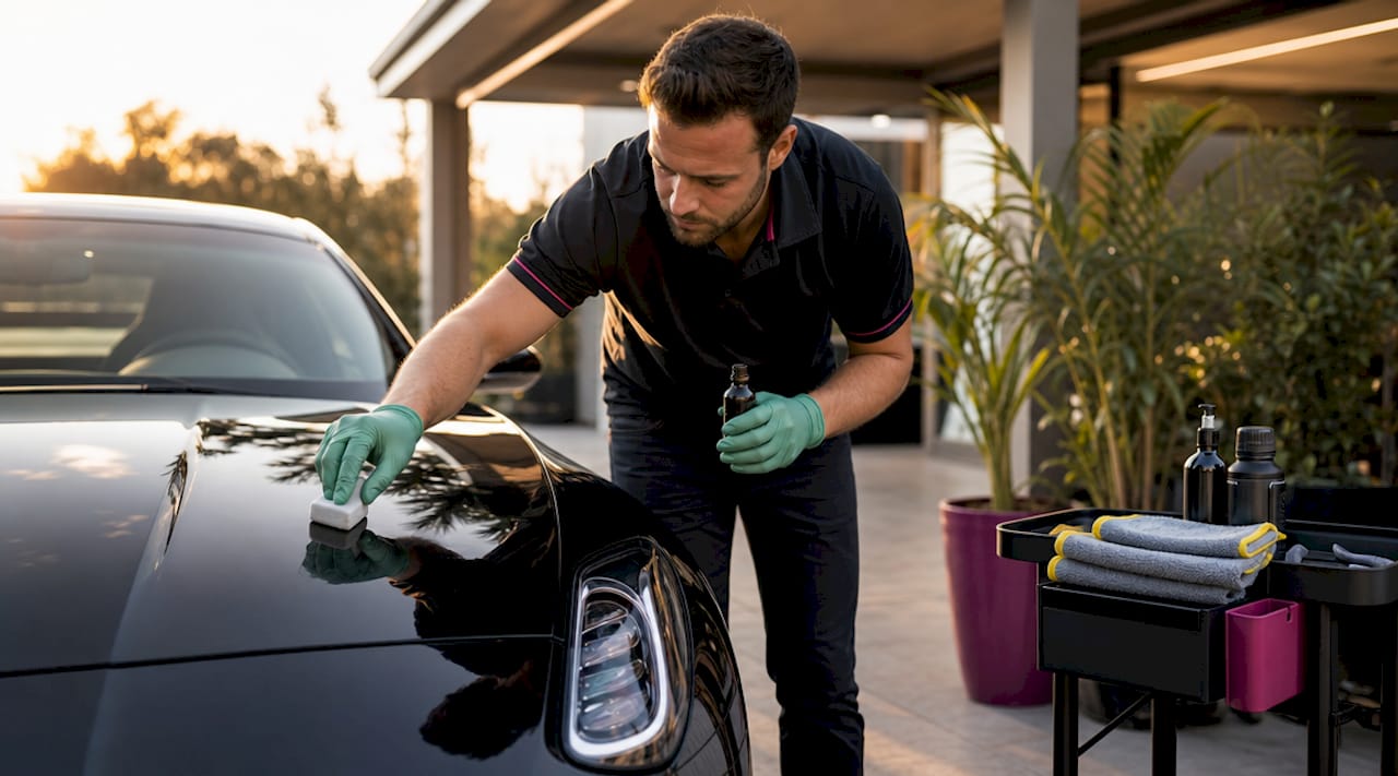 Hands applying ceramic coating to car paint