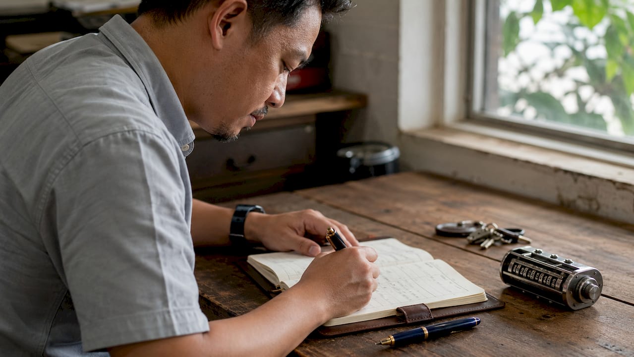 Hands writing in vehicle maintenance logbook