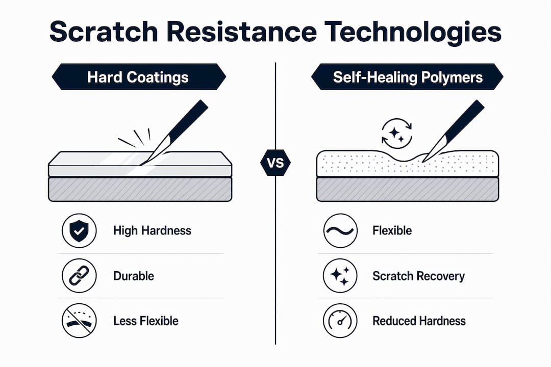 Infographic comparing hard coatings and self-healing polymers
