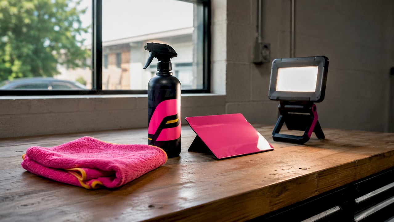Gloss assessment preparation tools on garage bench