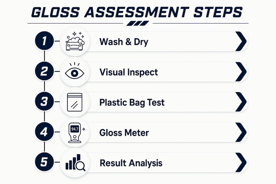 Infographic illustrating car paint gloss assessment steps